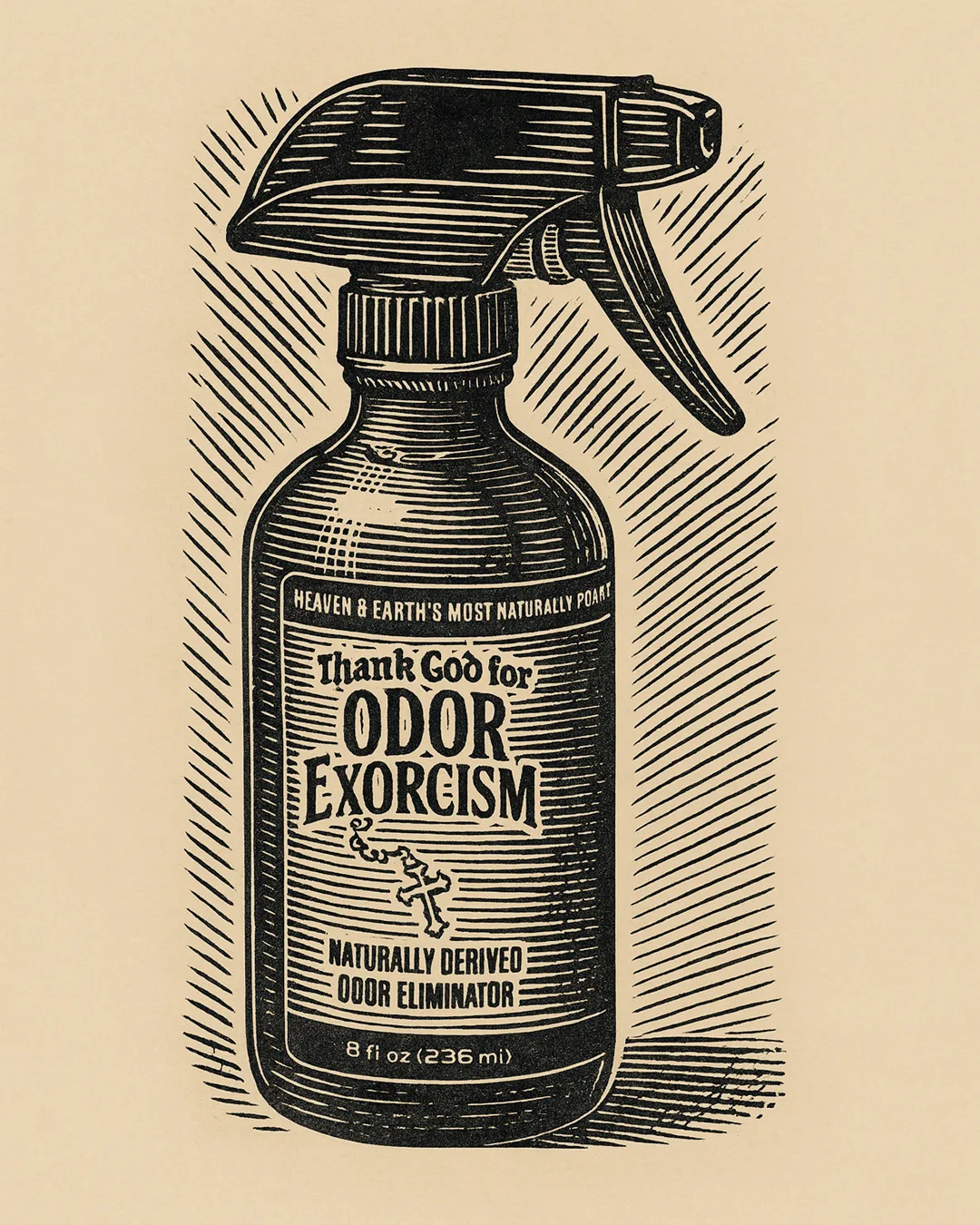 Graphic depicting a bottle of natural odor eliminator Odor Exorcism.