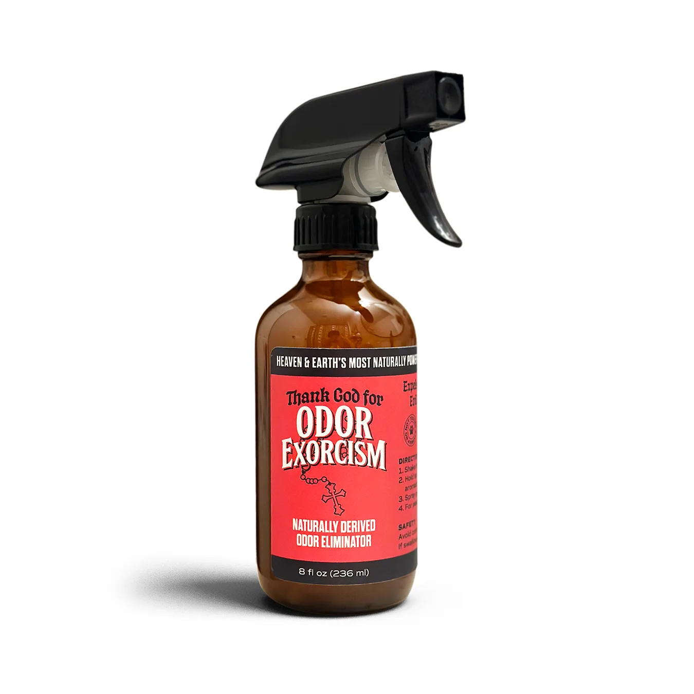 Graphic depicting a bottle of natural odor eliminator Odor Exorcism.
