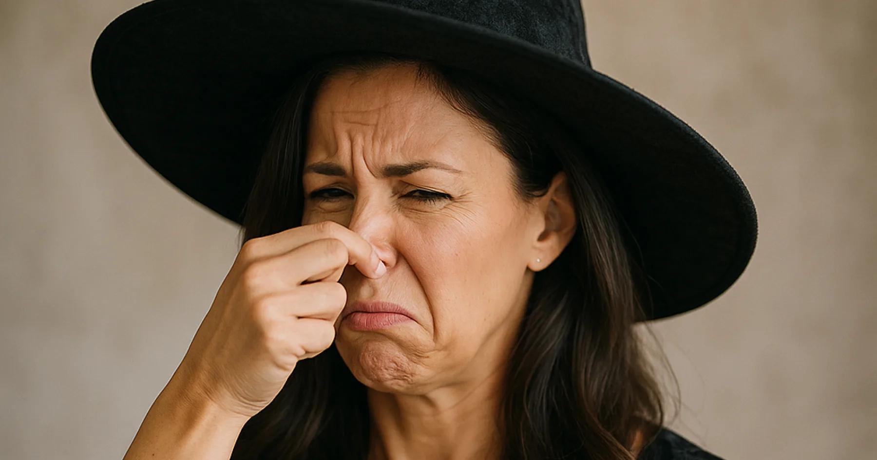 Funny stinky witch face illustration symbolizing bad odor removal