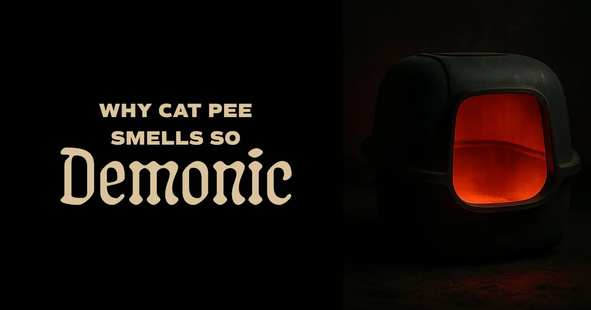 Dark, ominous cat litter box emitting orange glow in a darkened room next to headline reading, “Why cat pee smells so demonic.”