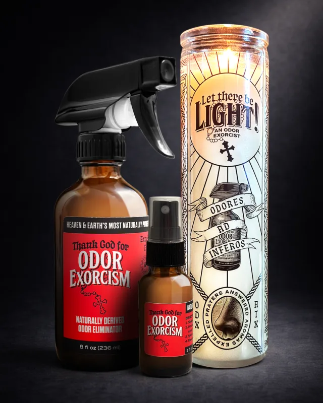 Dramatic, dark-background product photography of Odor Exorcism’s natural odor elimination bundle, including: an 8 oz bottle of spray, a 1 oz travel-size odor eliminator spray bottle, and a 12 oz 100% soy wax prayer candle.