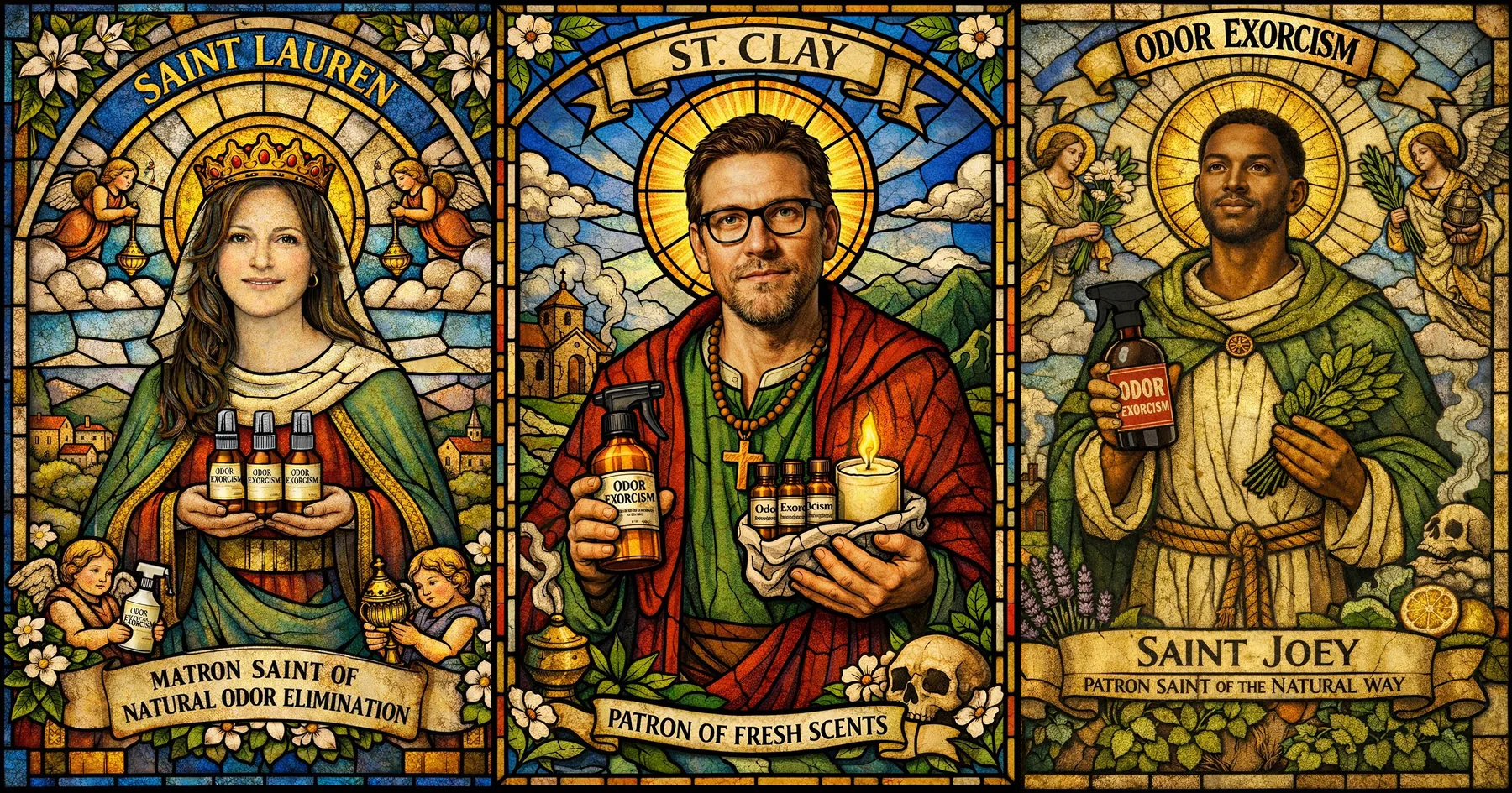 Featured image displaying stained glass frescos of the three original disciples of Odor Exorcism: St. Lauren, Matron Saint of Natural Odor Elimination; St. Clay, Patron Saint of Fresh Scents; Sanctus Jo Jo, Patron Saint of the Natural Way.