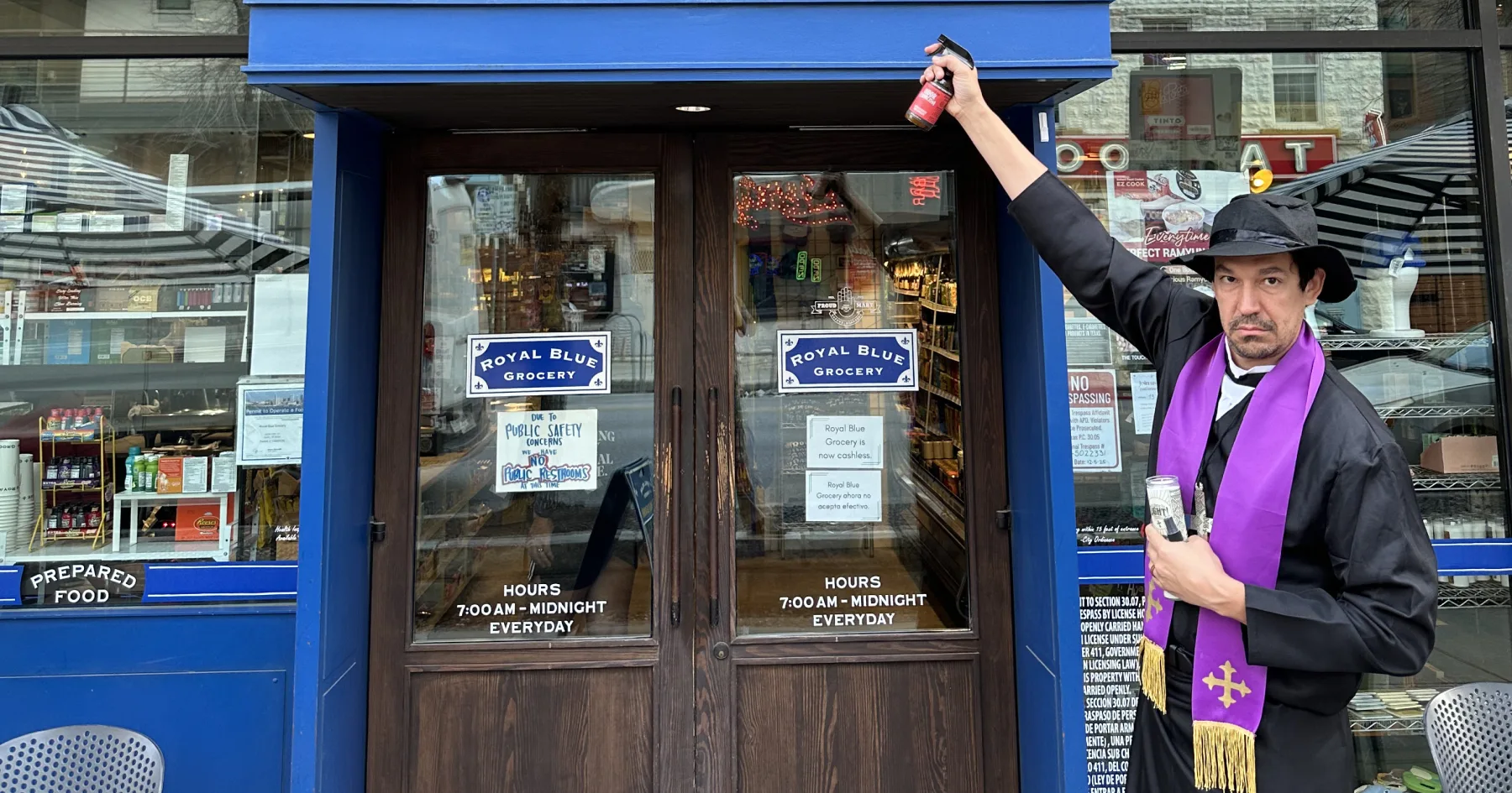 Odor Exorcism founder and CEO (Chief Exorcism Officer) Father Olor Fresco posing in front of Royal Blue grocery in Austin, Texas.