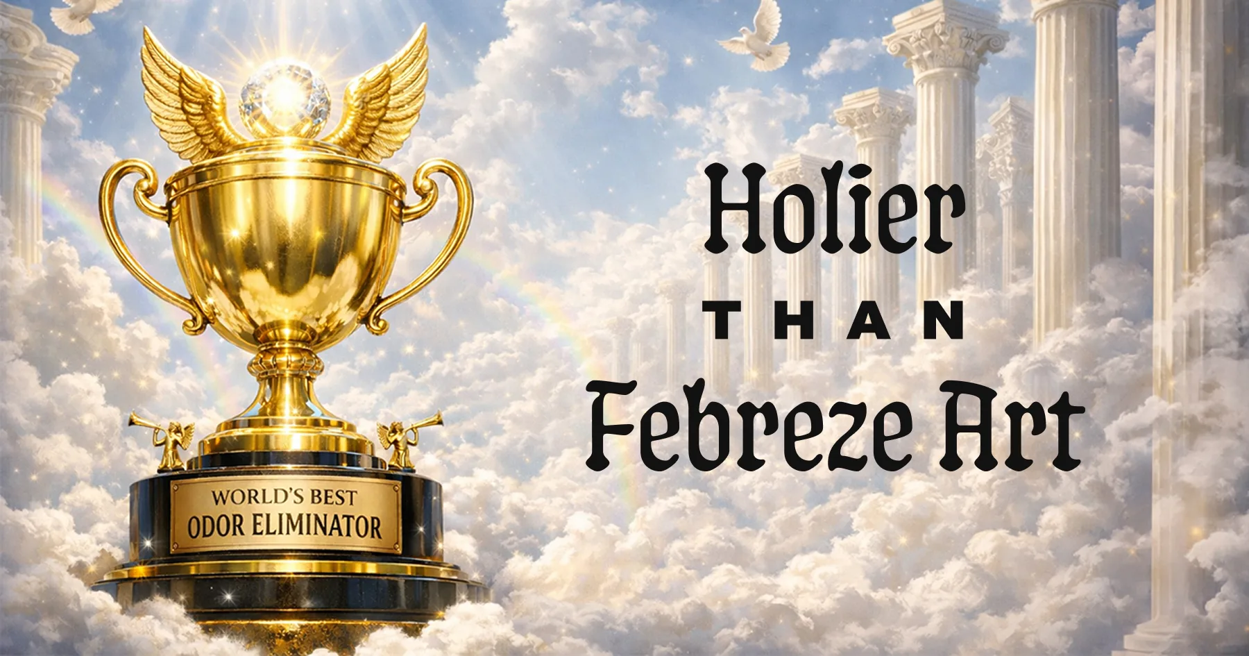 Heavenly scene in the sky featuring big gold trophy reading, “World’s Best Odor Eliminator,” on the plaque at the base. Text to the right reads, “Holier than Febreze Art.”