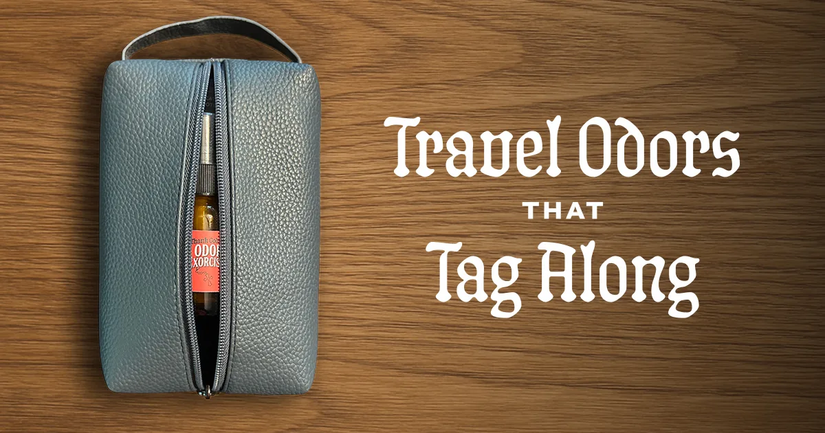 1 oz travel-sized odor eliminator spray peaking out from a gray dop kit next to headline reading, “Travel Odors that Tag Along.”