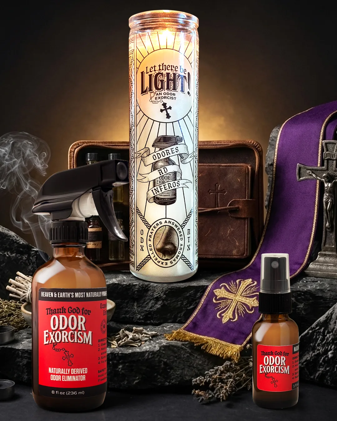 Graphic depicting a bottle of natural odor eliminator Odor Exorcism.